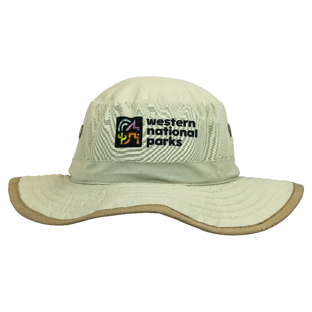 Beige wide-brimmed hat with 'Western National Parks' logo on a white background