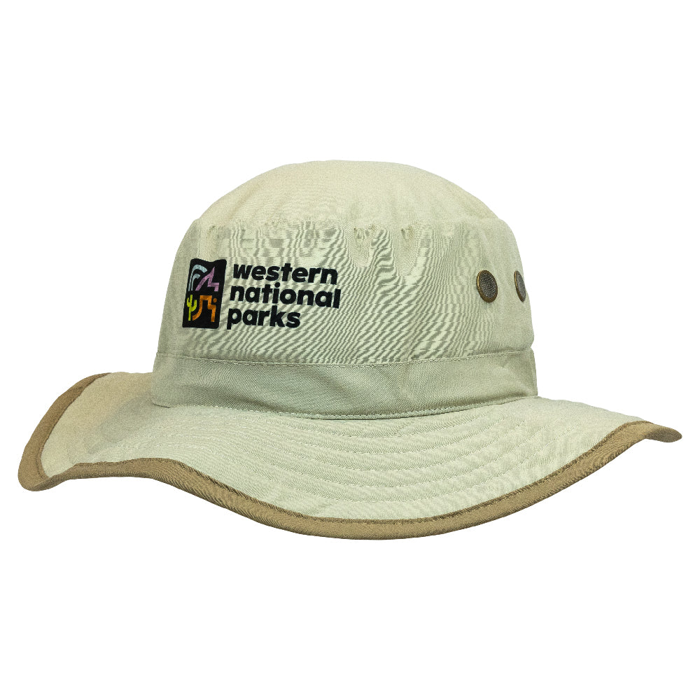 Beige bucket hat with 'Western National Parks' logo on a white background