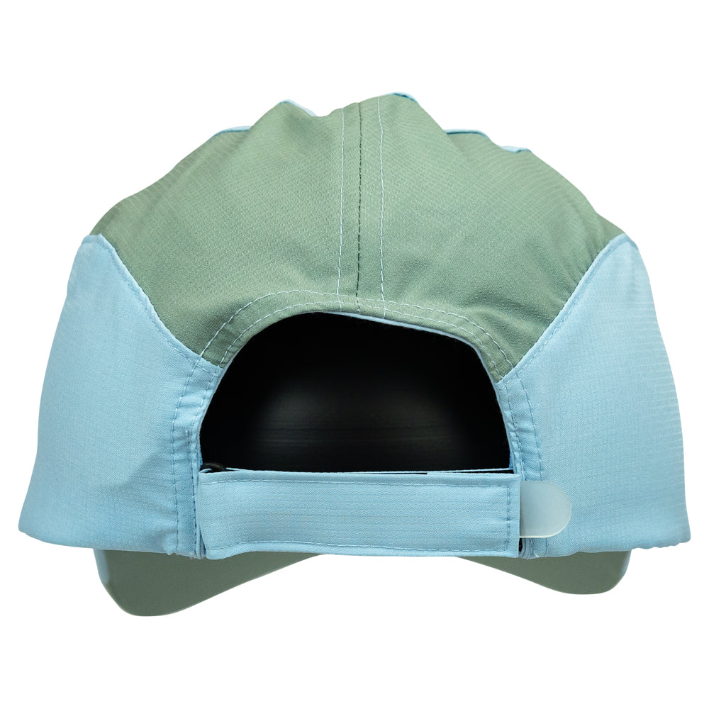 Two-toned cap with sage green top and ice blue sides on a white background