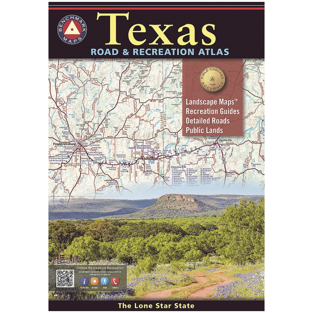 Texas Road &amp; Recreation Atlas cover featuring a map at the top, a brown information panel, and a scenic landscape photo of green hills and a dirt road at the bottom.