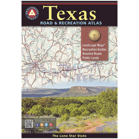 Texas Road &amp; Recreation Atlas cover featuring a map at the top, a brown information panel, and a scenic landscape photo of green hills and a dirt road at the bottom.