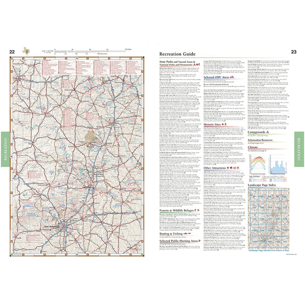 A two-page spread from a printed guidebook or map publication. The left page shows a detailed topographic-style map with roads, labels, and colored route lines.