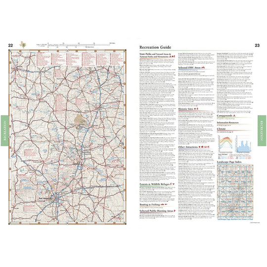 A two-page spread from a printed guidebook or map publication. The left page shows a detailed topographic-style map with roads, labels, and colored route lines.