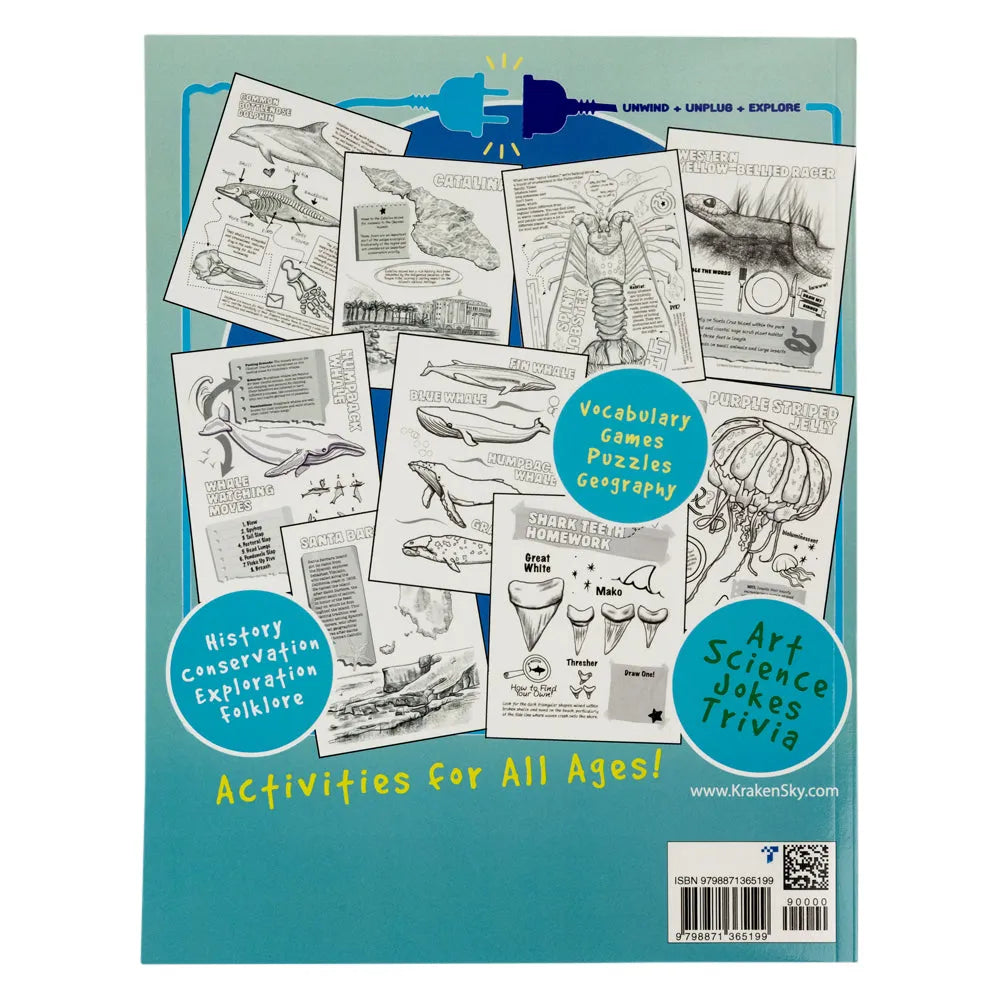 Activity Book back cover featuring a teal background with black-and-white science, history, geography, and trivia activity pages arranged in a collage. Blue circular callouts highlight different sections, and the title reads 'Activities for All Ages!'.