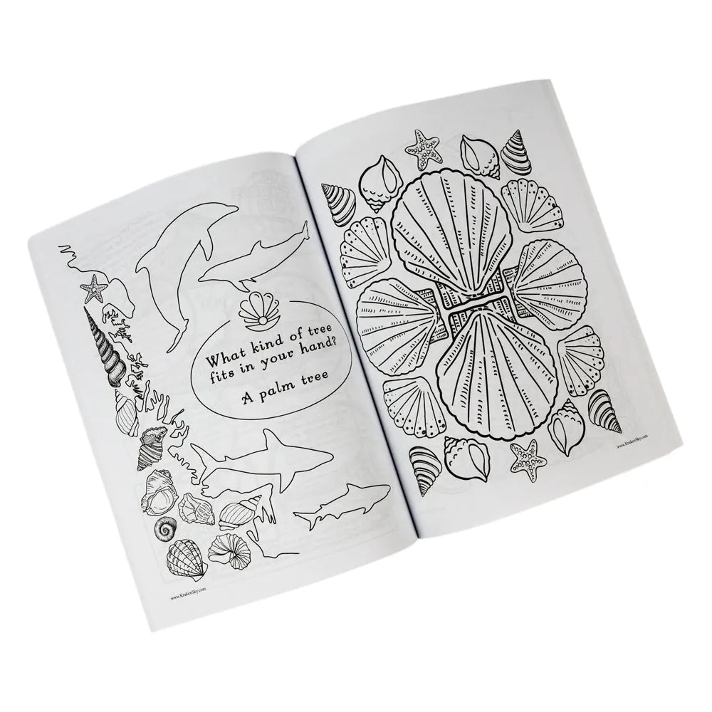 An open coloring book with black-and-white ocean-themed illustrations, including seashells, starfish, dolphins, and fish, shown on a plain white background.