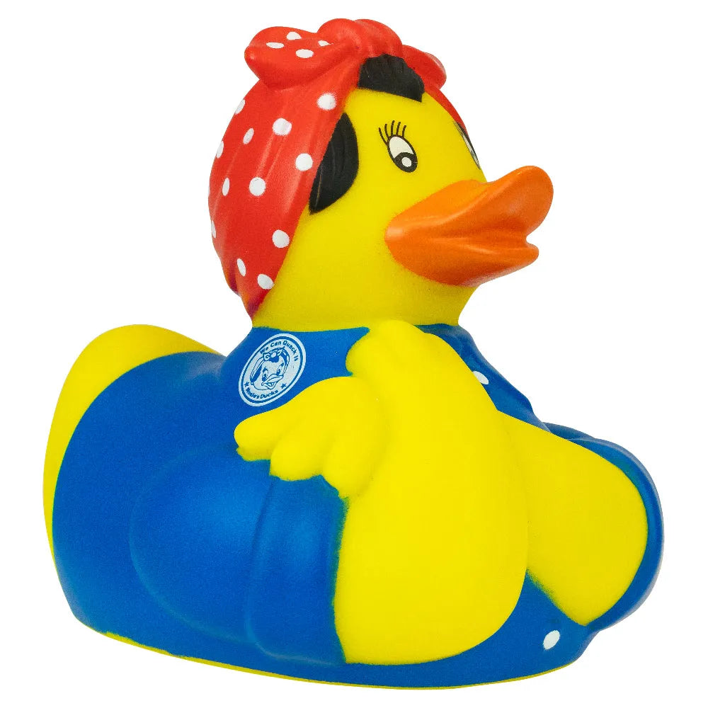 Colorful "Rosie the Riveter" rubber duck with a red polka dot headband on a white background