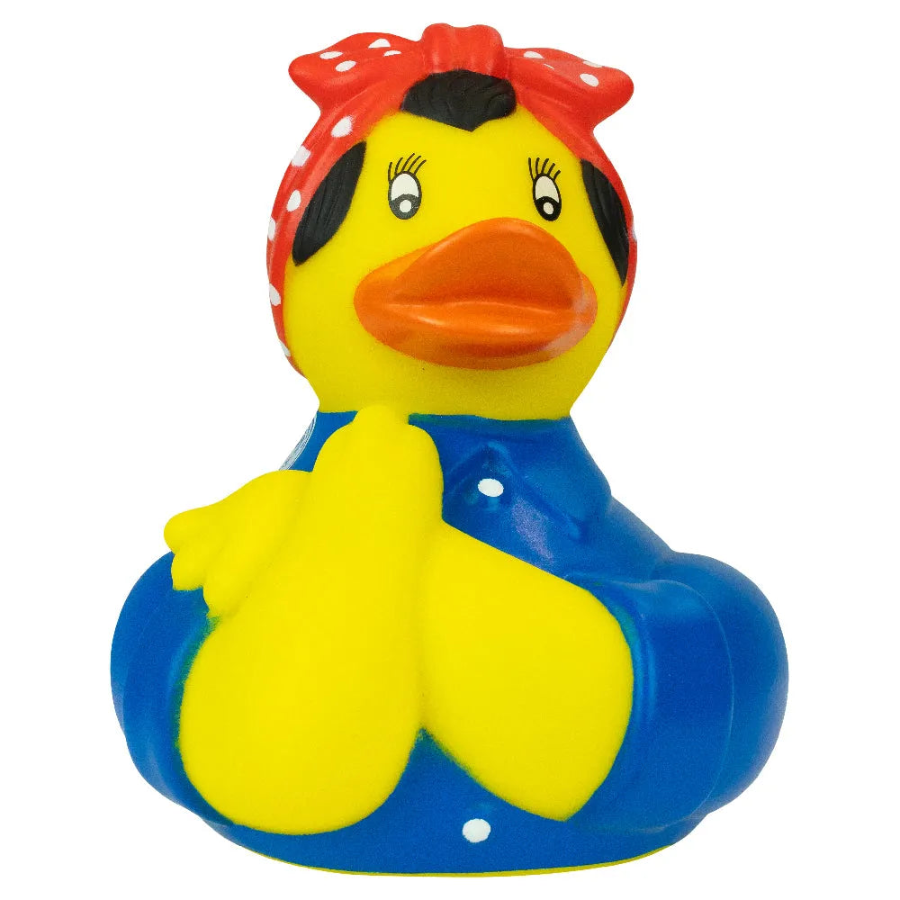 Colorful "Rosie the Riveter" rubber duck with a red bandana on a white background