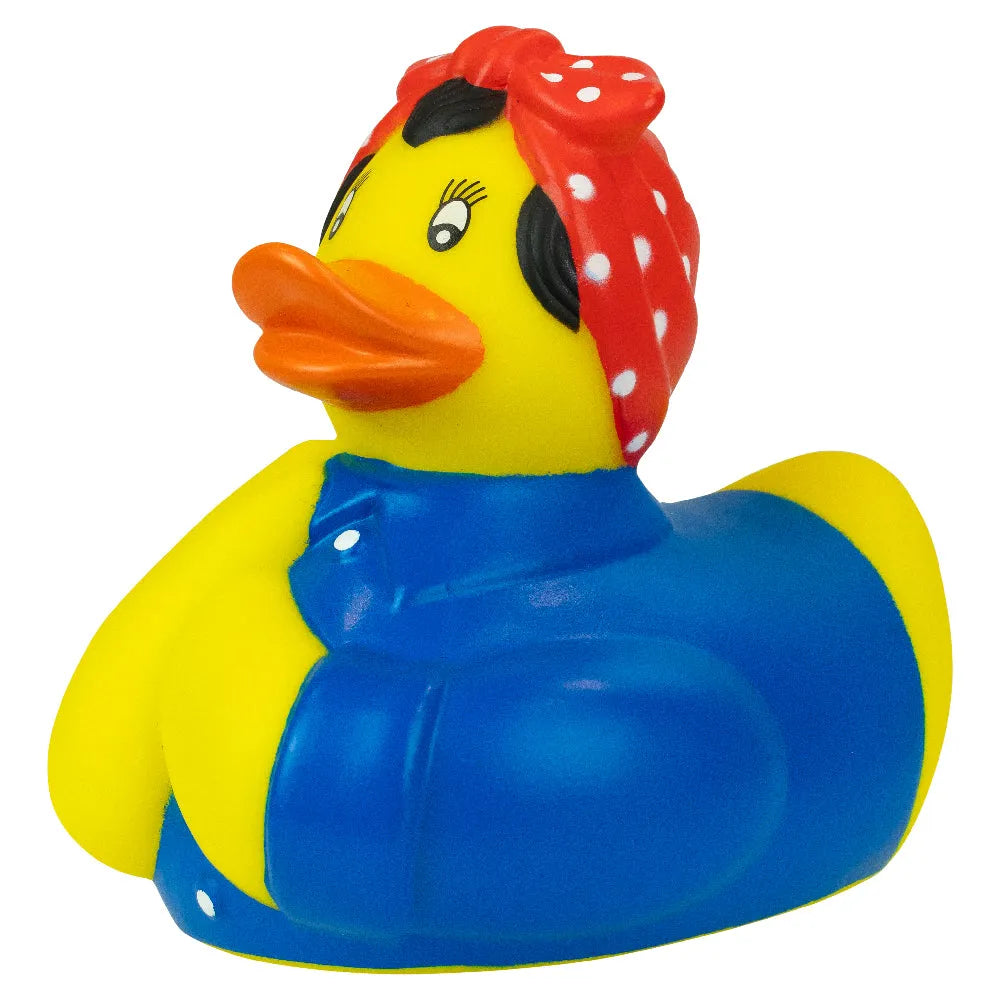 "Rosie the Riveter" rubber duck with a red polka dot headscarf and blue apron on a white background