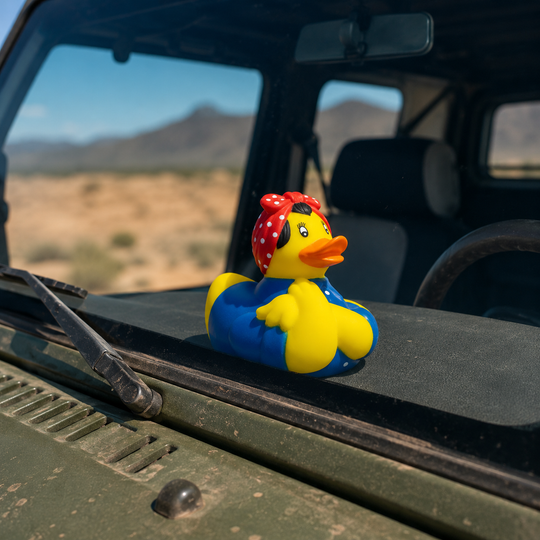 A yellow rubber duck wearing a red polka-dot bandana and blue overalls sits on the dashboard of an olive green vehicle, with a blurred desert landscape and mountains visible through the windshield.