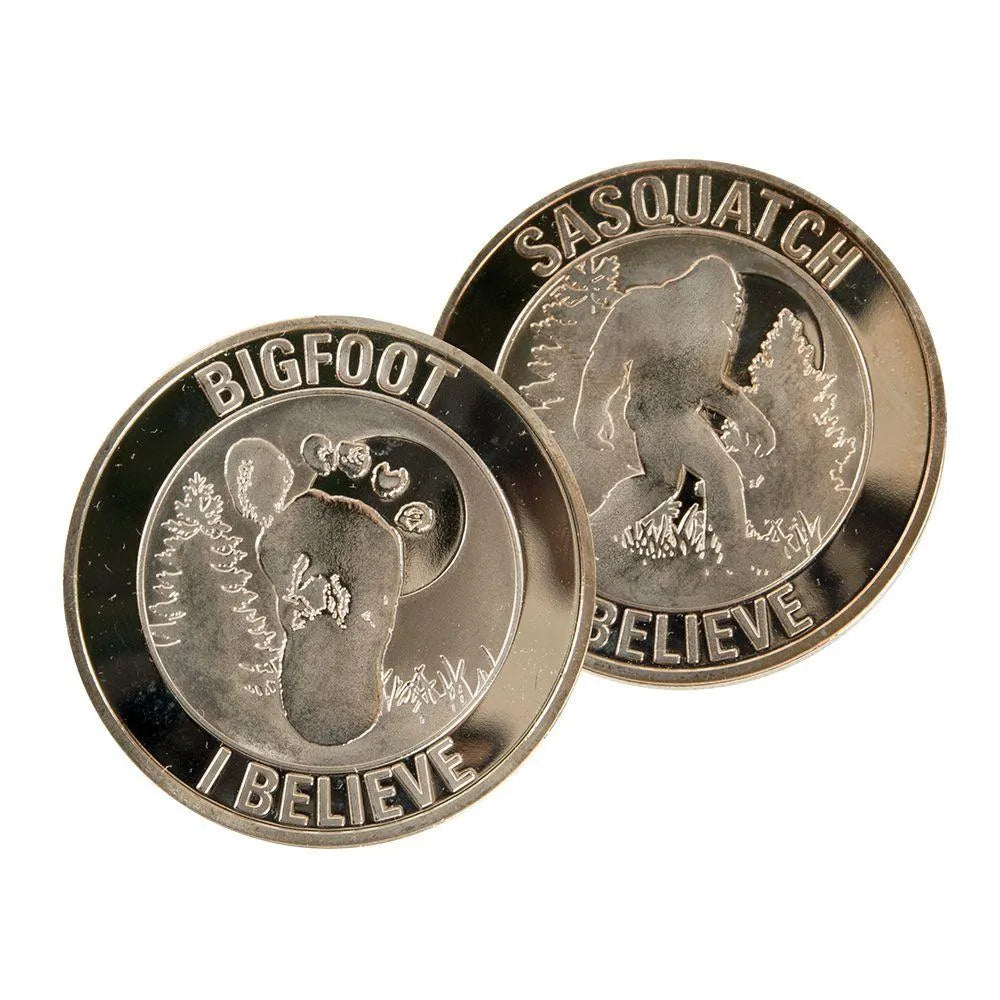 A collectible coin featuring Bigfoot and the text 'I believe' on one side and Sasquatch on the other side on a white background