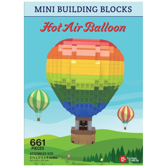 Front of a mini building blocks box for a Hot Air Balloon activity. The packaging shows a colorful assembled hot air balloon with green, yellow, orange, and red sections, plus two smaller balloon illustrations, on a blue sky background with green hills at the bottom.