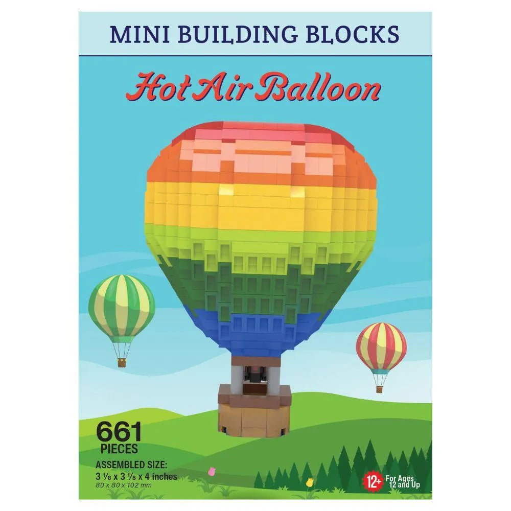 Box of mini building blocks shaped like a hot air balloon with colorful design.