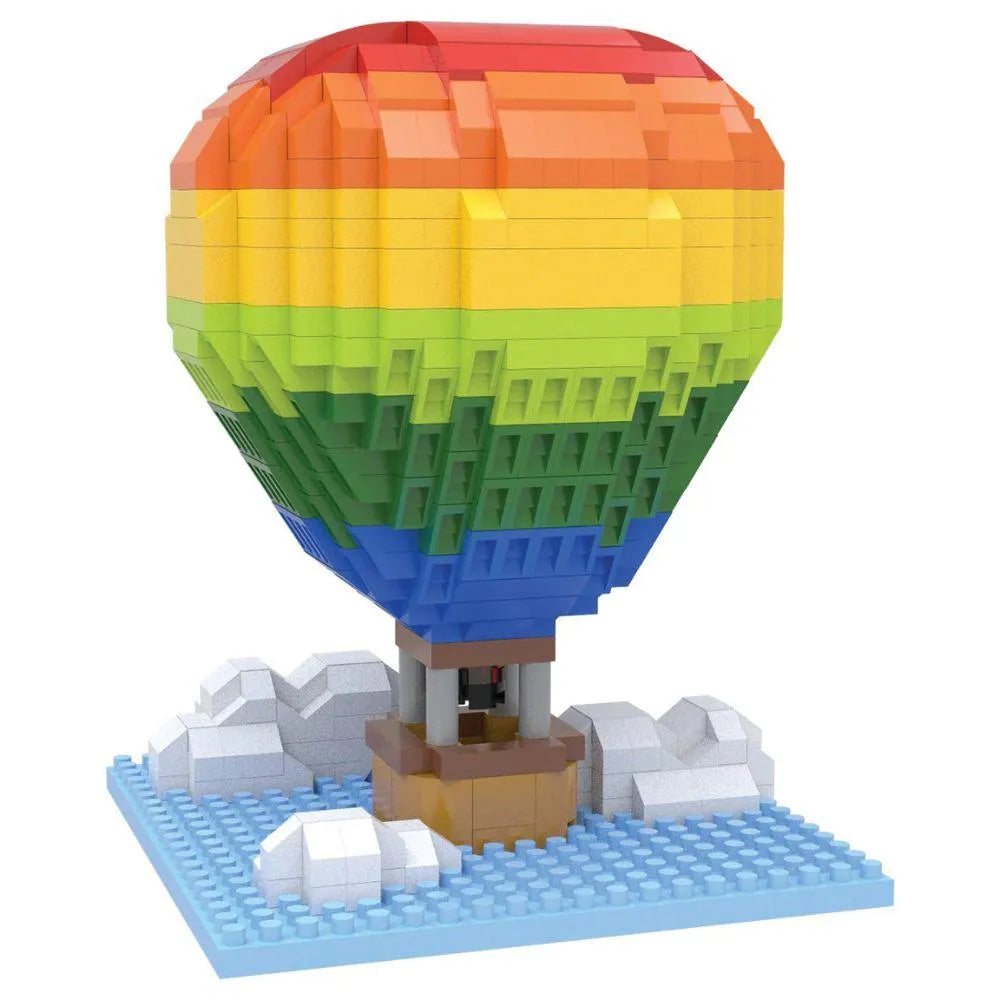 Mini building blocks shaped like a hot air balloon with colorful design and a blue baseplate to represent the sky and white blocks in the shape of clouds.