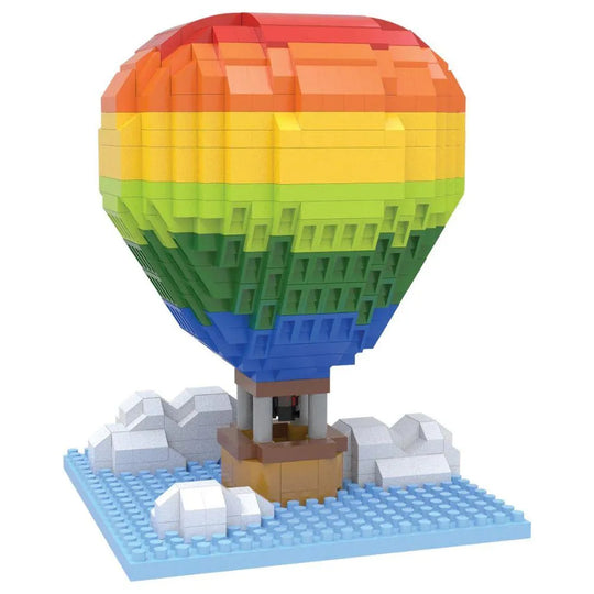 Mini building blocks shaped like a hot air balloon with colorful design and a blue baseplate to represent the sky and white blocks in the shape of clouds.