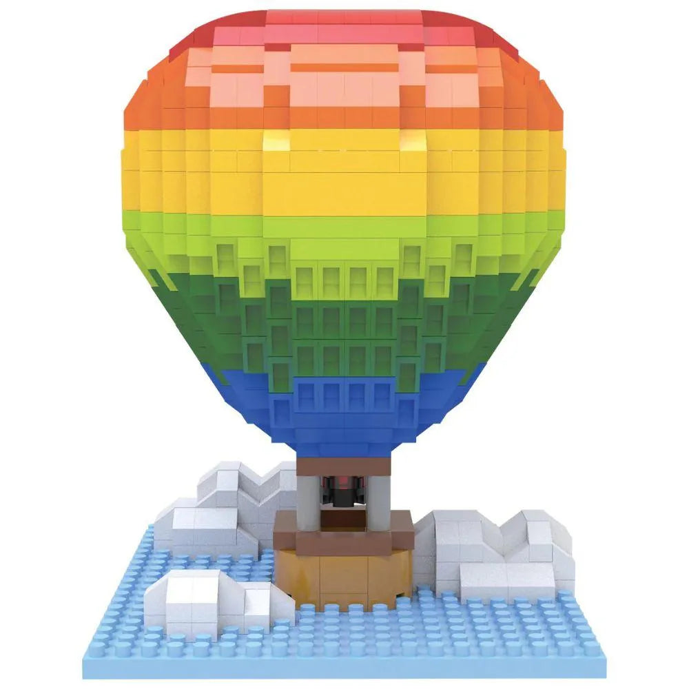 Mini building blocks shaped like a hot air balloon with colorful design and a blue baseplate to represent the sky and white blocks in the shape of clouds.