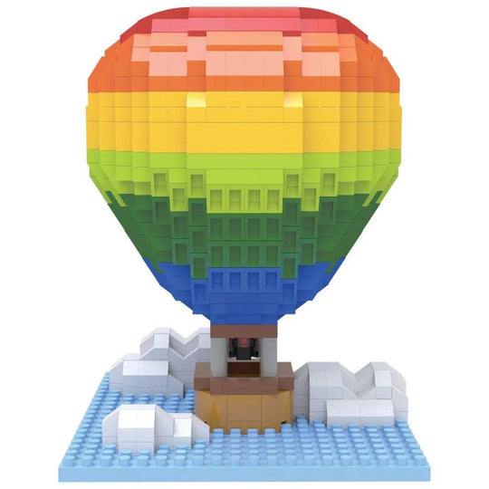 Mini building blocks shaped like a hot air balloon with colorful design and a blue baseplate to represent the sky and white blocks in the shape of clouds.