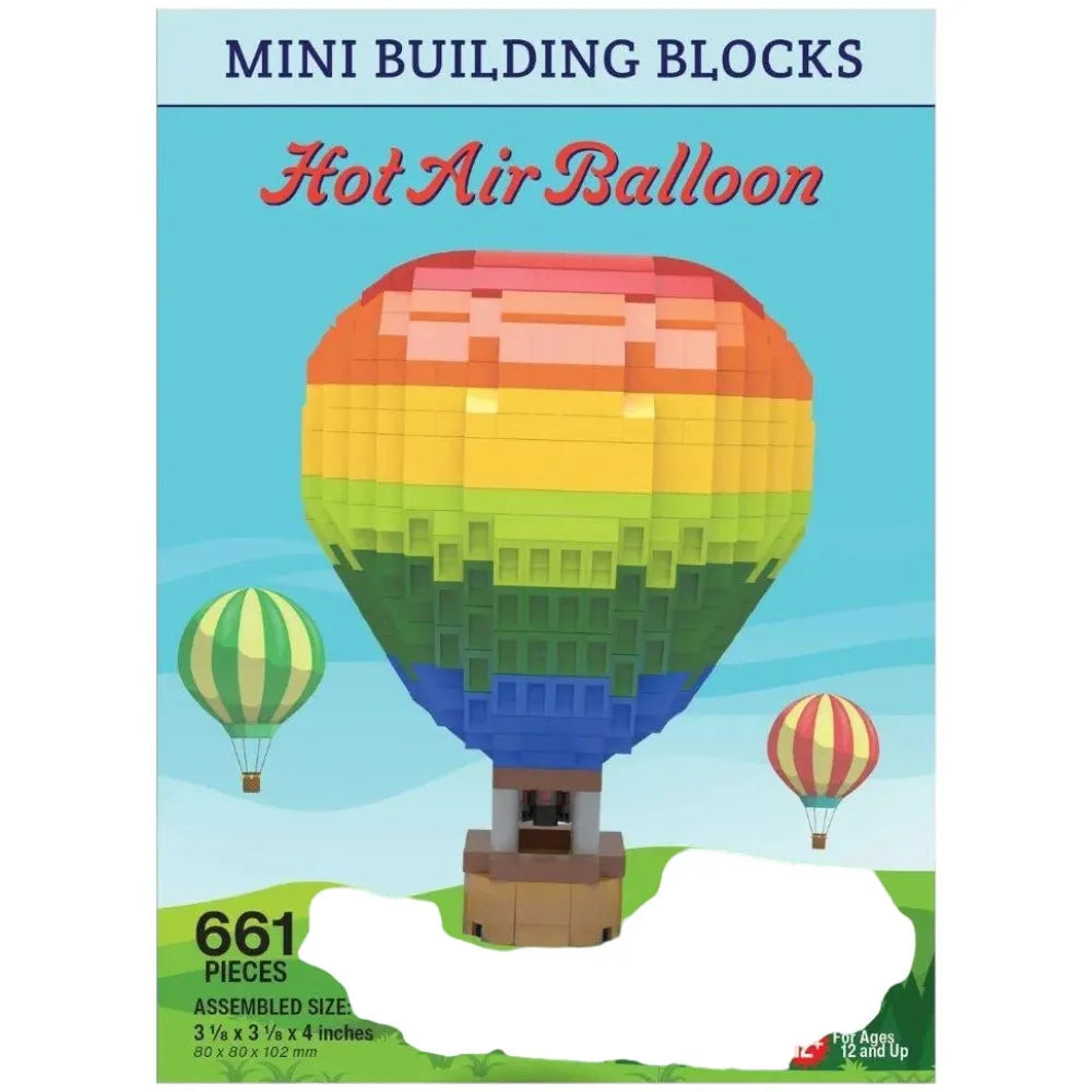 Box of mini building blocks shaped like a hot air balloon with colorful design.