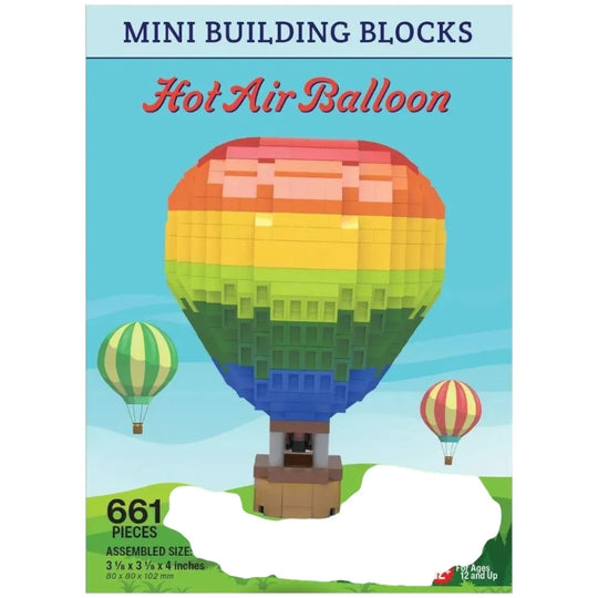 Box of mini building blocks shaped like a hot air balloon with colorful design.