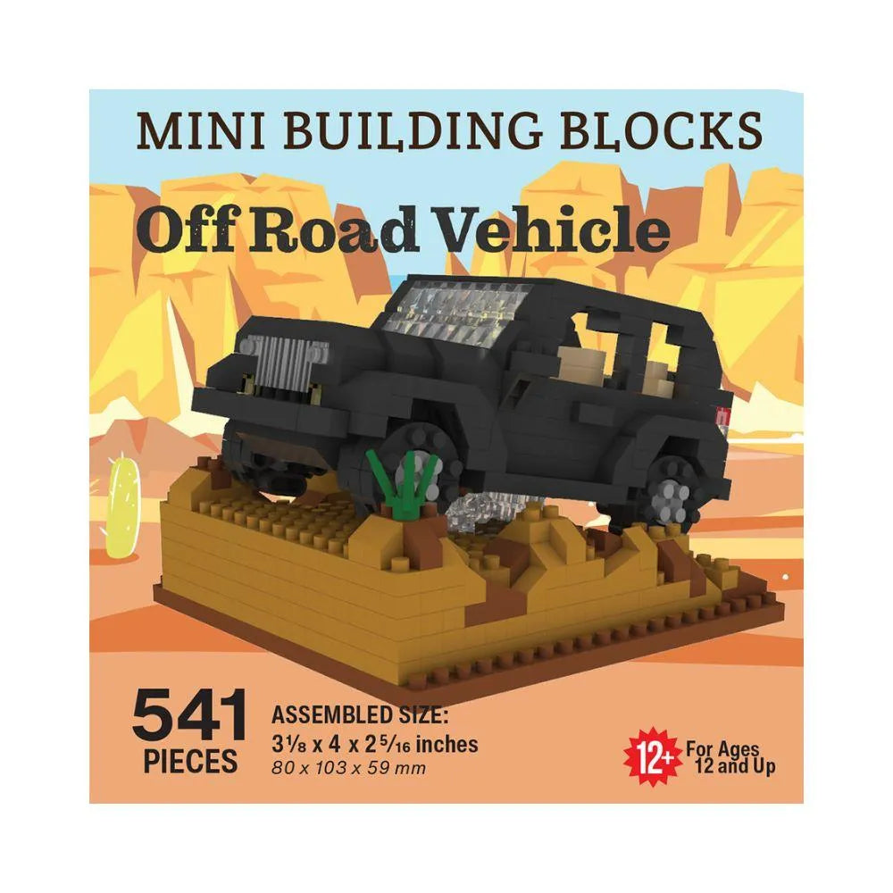 Box of mini building blocks off-road vehicle set with desert landscape design.