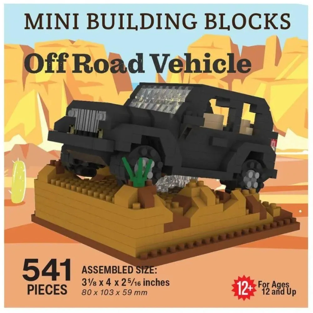 Box of mini building blocks off-road vehicle set against a desert landscape background.