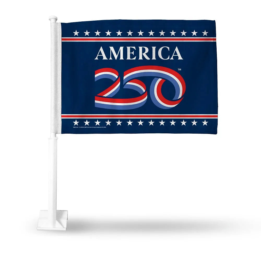 Car flag with official 'America 250' logo on a blue background with white stars.