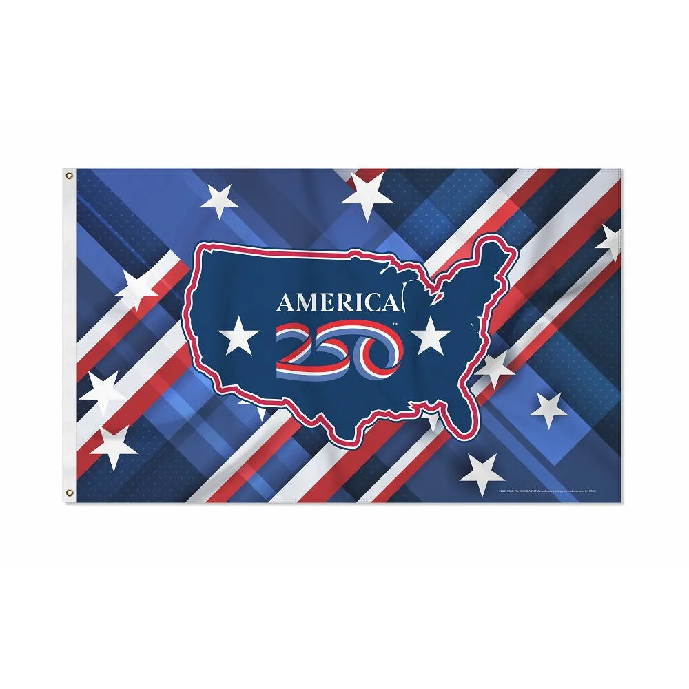 Flag with American map design and 'America 250' logo on a blue background with red and white stripes.
