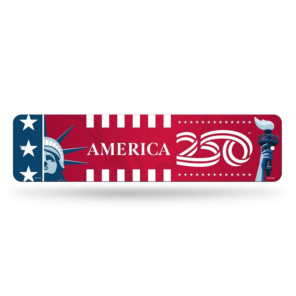 Decorative sign with 'America 250' text and patriotic design on a white background
