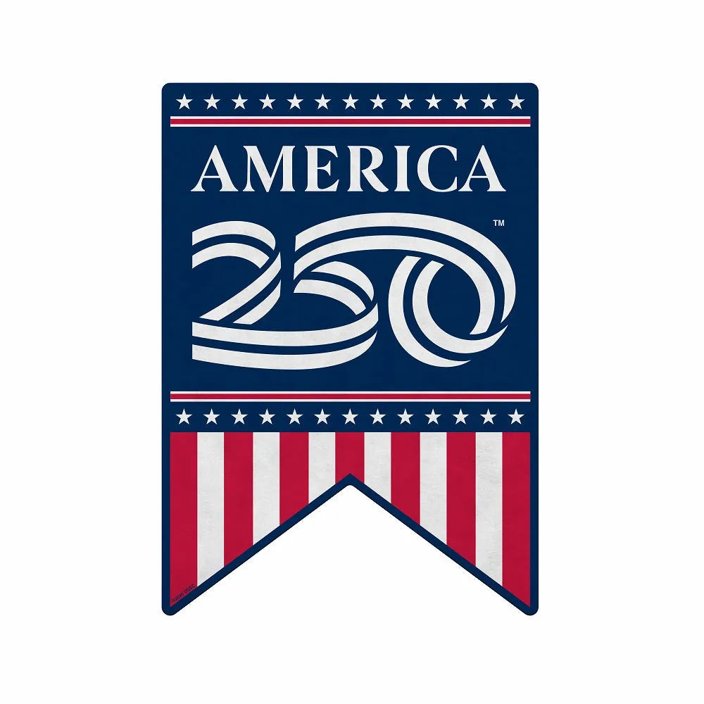 Banner pennant celebrating America's 250th anniversary with stars and stripes design.