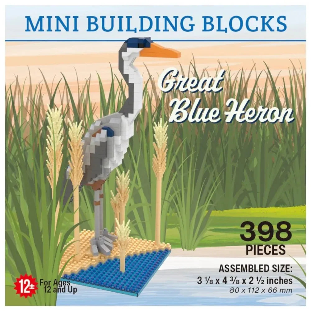 Box of Mini Building Blocks featuring a Great Blue Heron design with grass and water background.