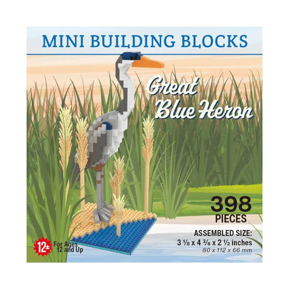 Mini building blocks set with a Great Blue Heron design on packaging