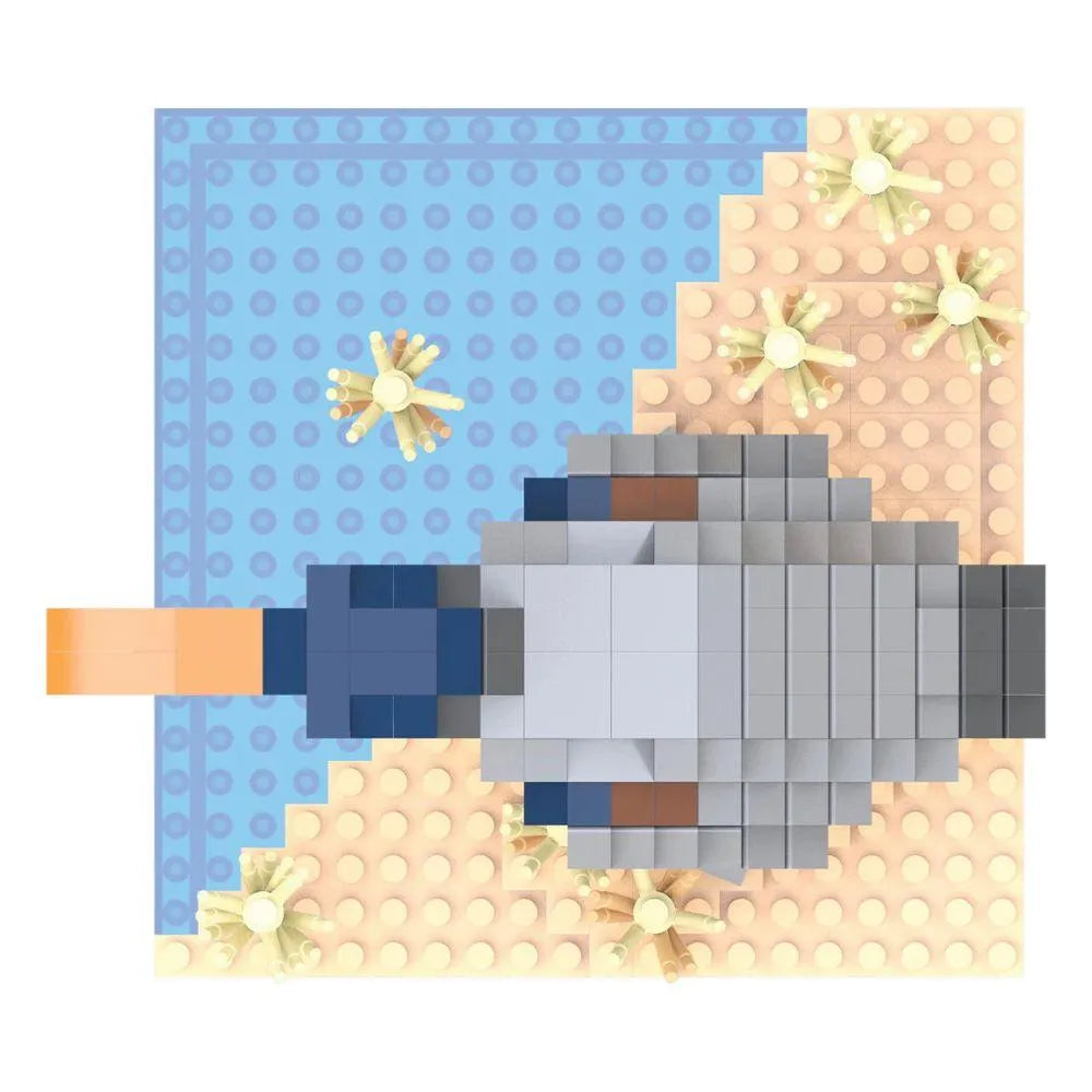 Top view of blue and tan blocks against a white background.