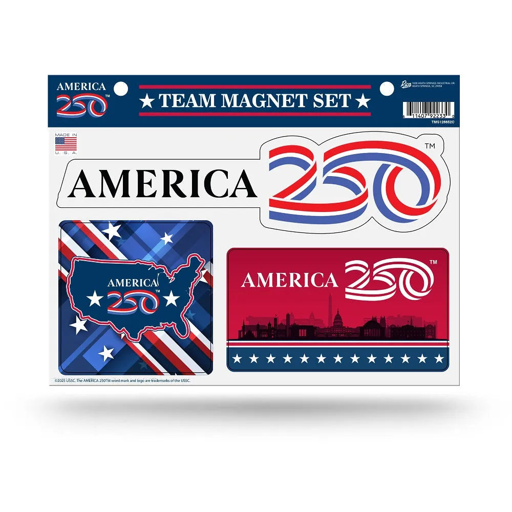 Set of three 'America 250' team magnets on a white background