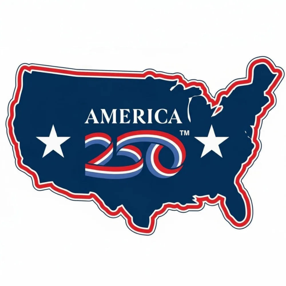 Sticker depicting a map of the United States with official 'America 250' logo and stars on a white background
