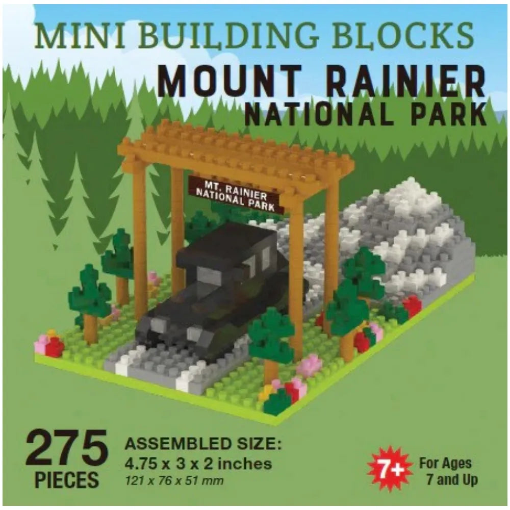 Mini building blocks set of Mount Rainier National Park with assembled size and piece count on a green background.