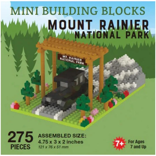 Mini building blocks set of Mount Rainier National Park with assembled size and piece count on a green background.