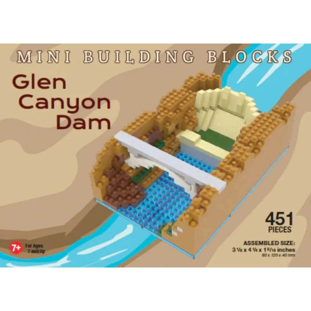 Mini building blocks set of Glen Canyon Dam with packaging illustration
