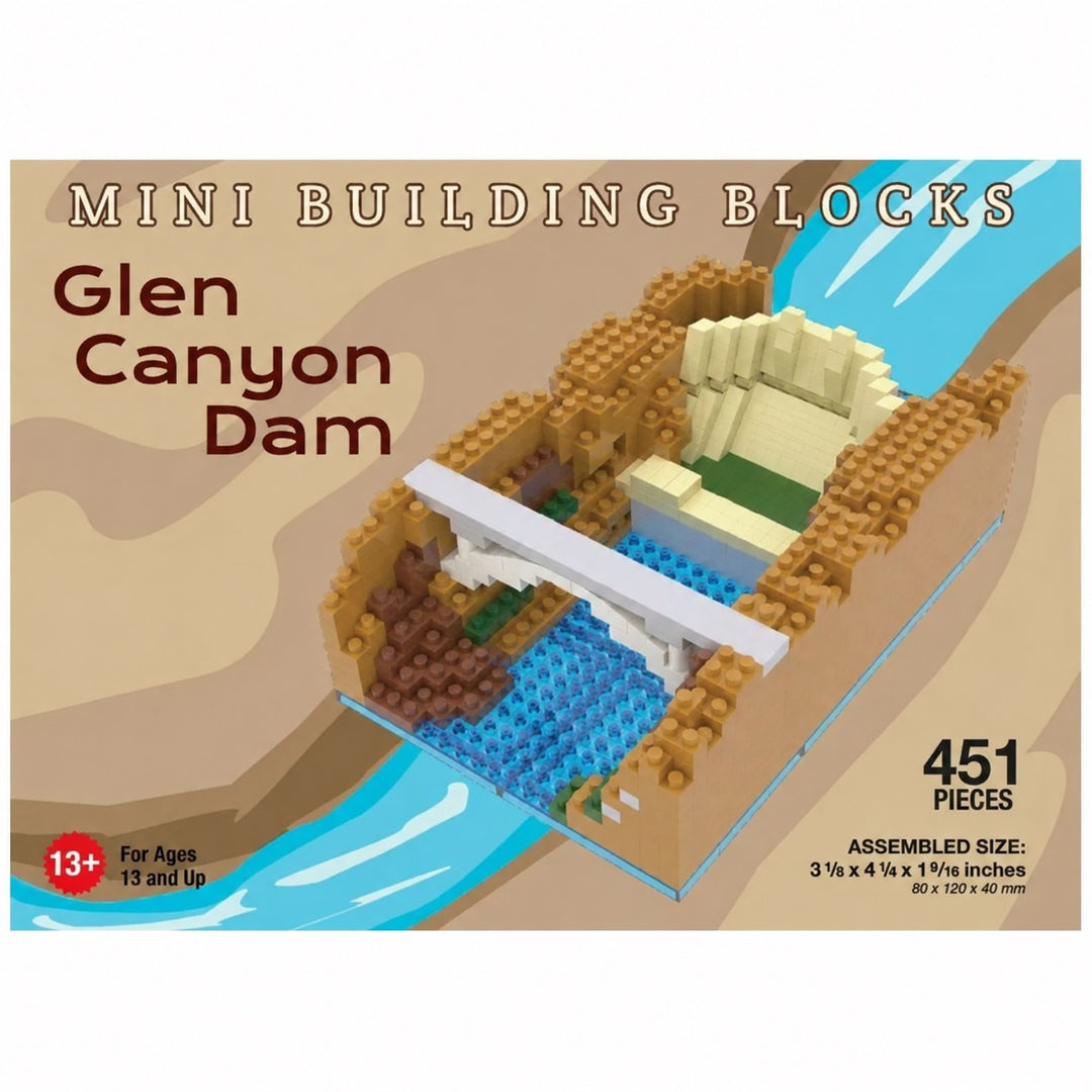 Mini Building Blocks set for building the Glen Canyon Dam, featuring 451 pieces. The packaging shows an assembled 3D model of the dam and reservoir on a beige and blue illustrated background.