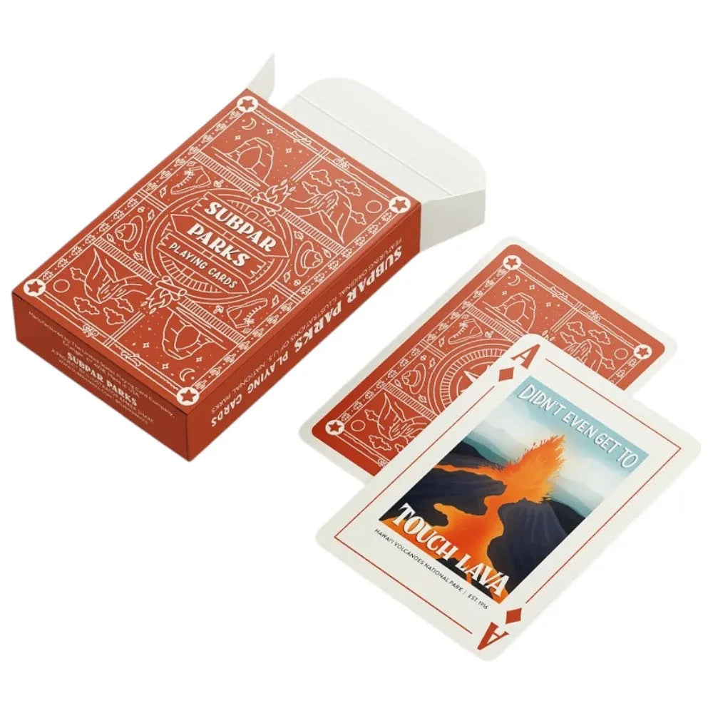 Red playing cards with a unique design and 'Subpar Parks' branding on a white background.