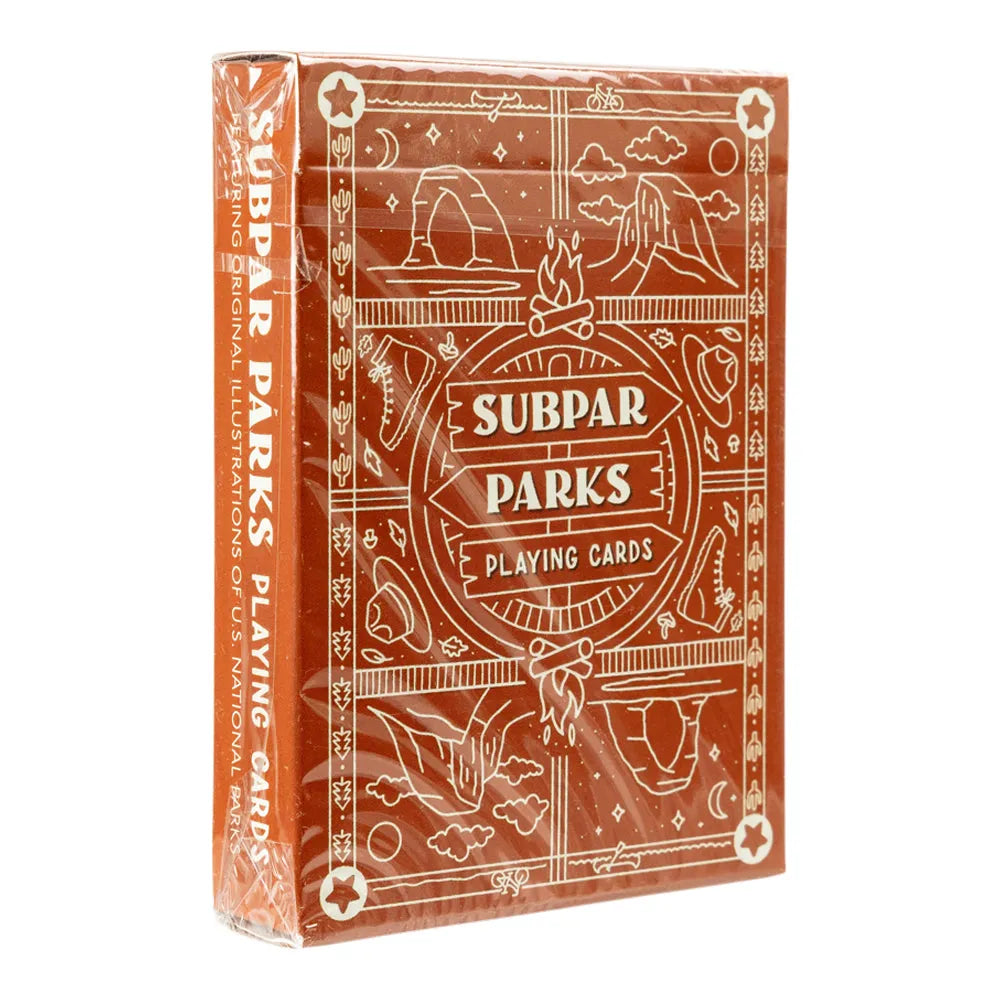 Pack of Subpar Parks playing cards with nature-themed illustrations on a white background