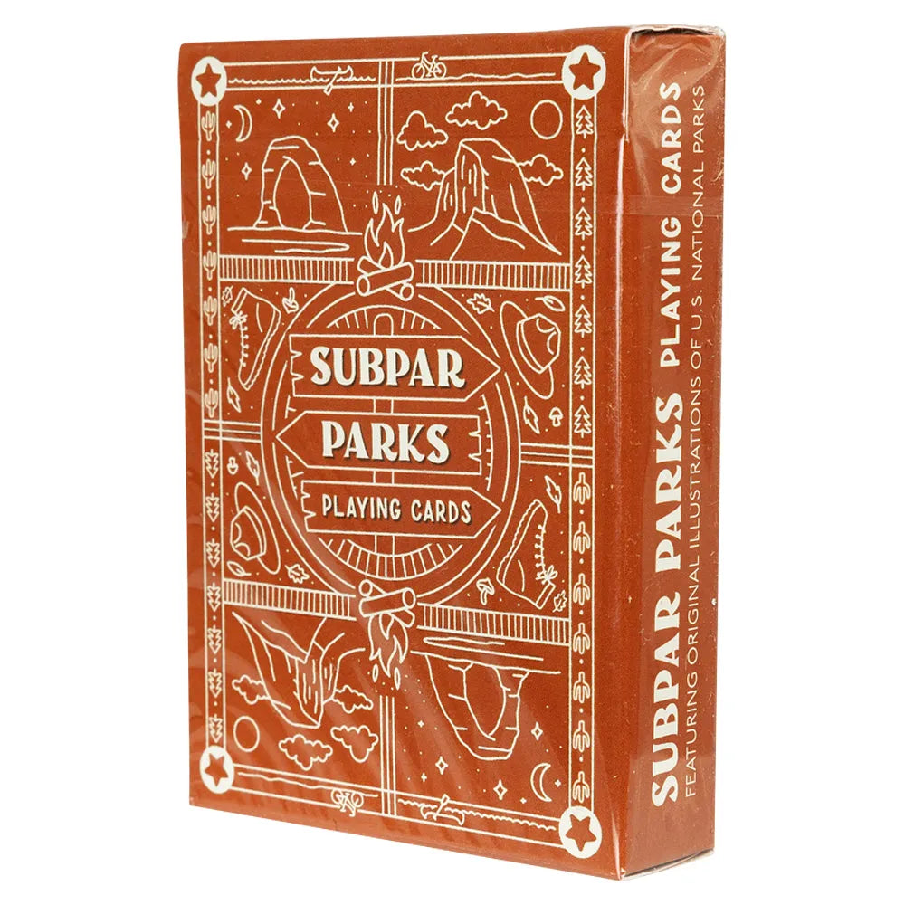 Box of Subpar Parks playing cards with nature-themed illustrations on a white background