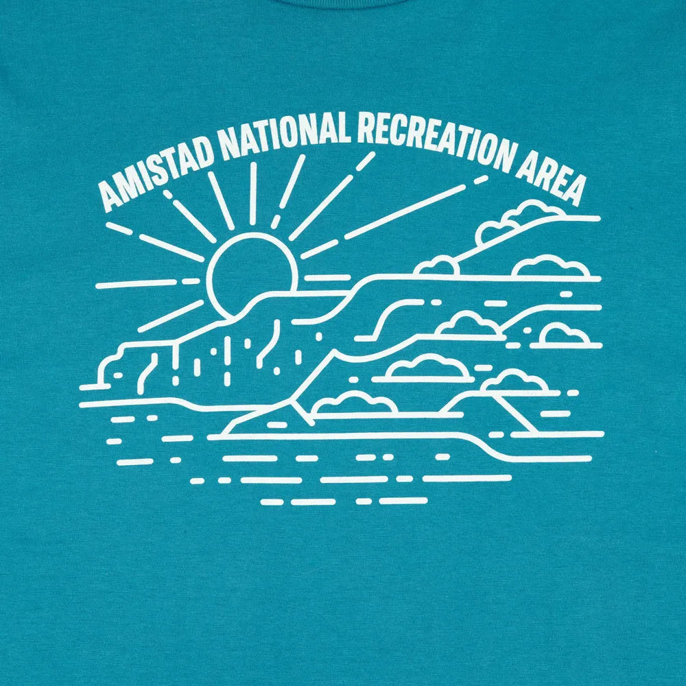 Line drawing logo by Fell representing Amistad National Recreation Area on a turquoise blue T-shirt