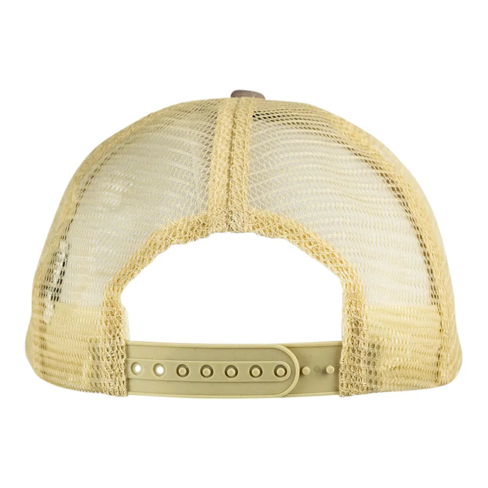 Back of a cream colored mesh-back cap on a white background