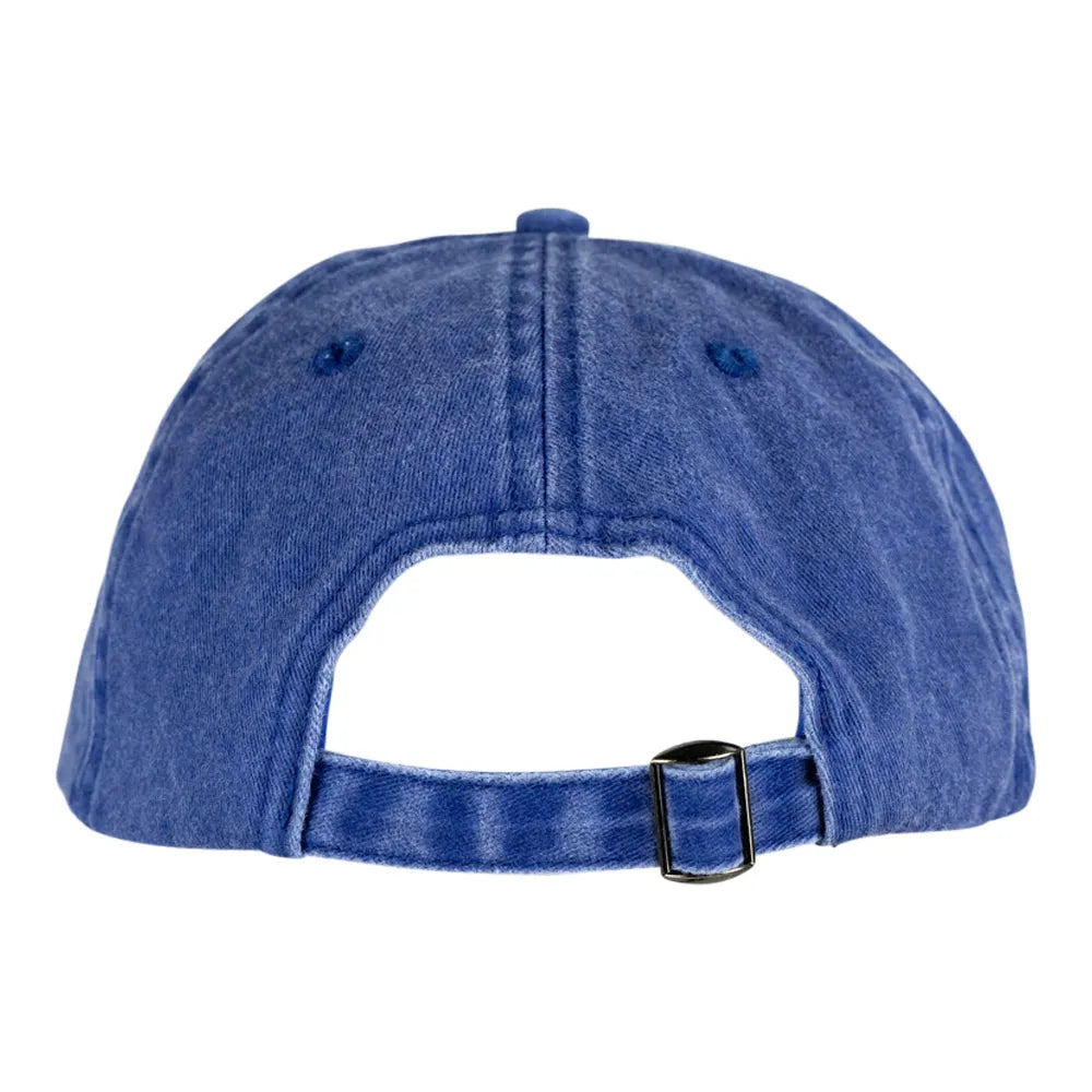 Blue denim cap with a black buckle on a white background