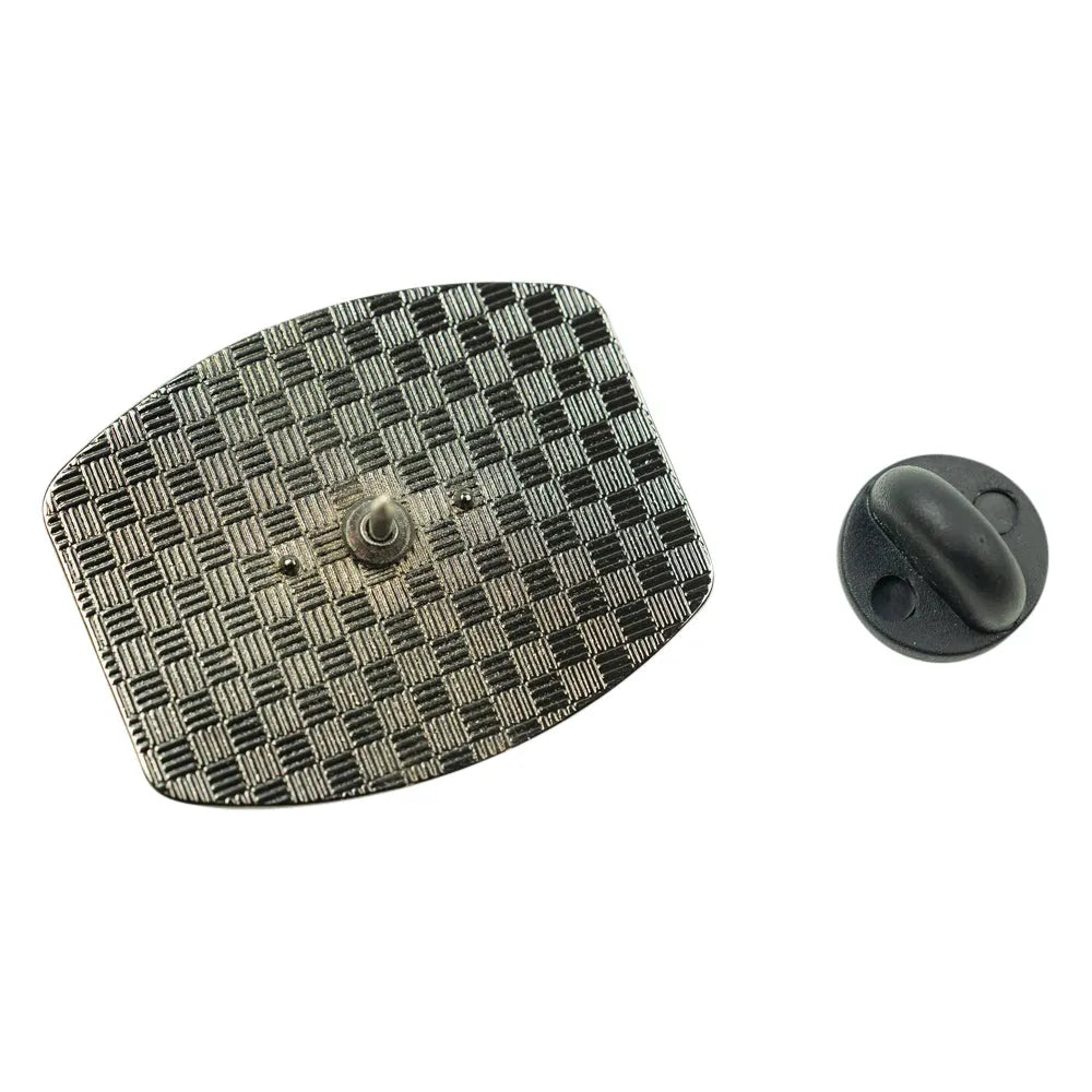 Reverse side of a metal lapel pin and a rubber stud clutch, shown on a plain white background.