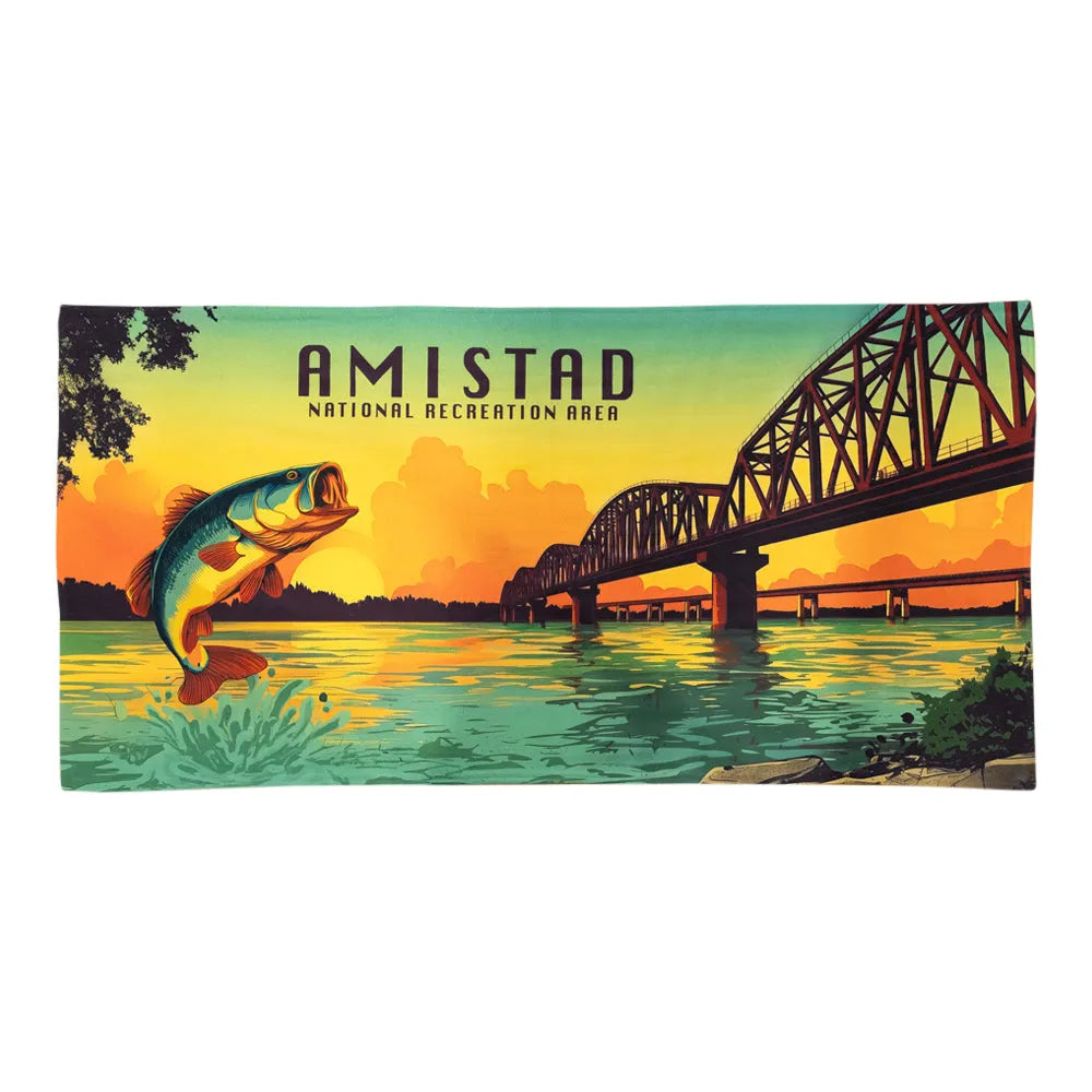 Amistad National Recreation Area Beach Towel with colorful desing on a white background