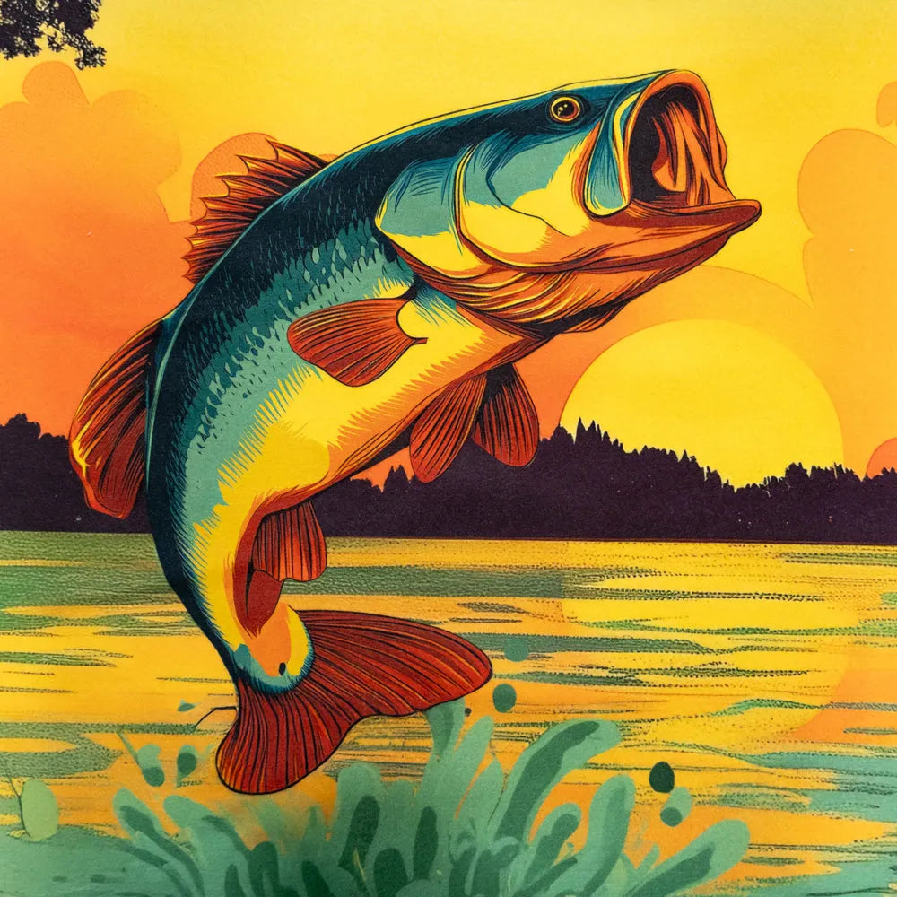 Colorful illustration of a fish leaping out of water with a sunset background