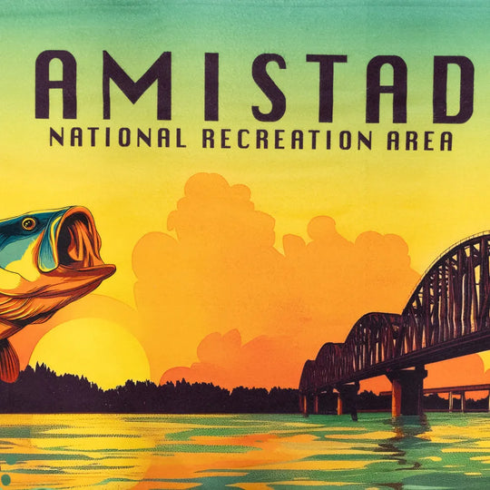 Illustration of Amistad National Recreation Area with a fish, bridge, and sunset.