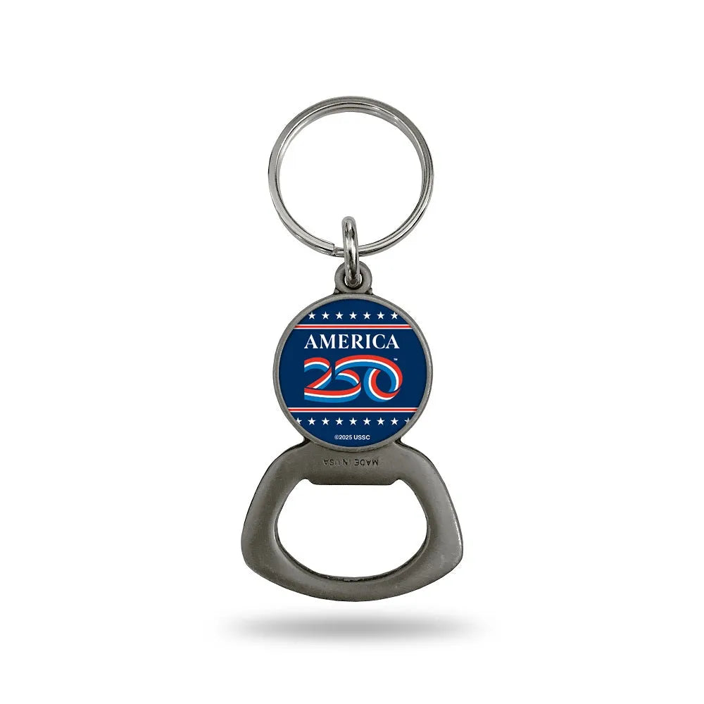 Keychain with bottle opener featuring official 'America 250' logo on a white background
