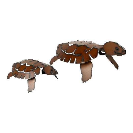 Metal Desert Tortoise Yard Art in two sizes on a white background