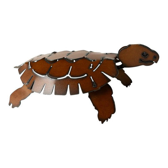 Brown turtle-shaped metal yard art on a white background
